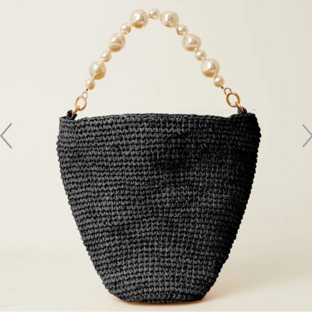 BTB Los Angeles Page Pearl Bucket Bag Black Raffia Vacation Travel Coastal Beach